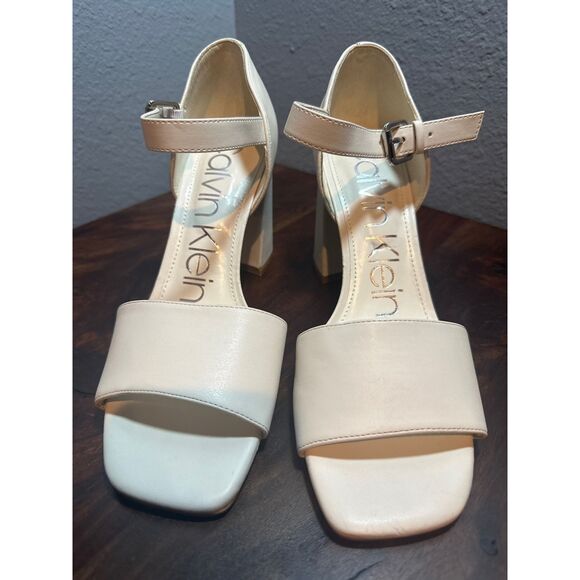 Calvin Klein Block Heel Sandal 8.5 Ankle Strap Elegant Formal Wedding Tan Quelyn - Picture 2 of 8